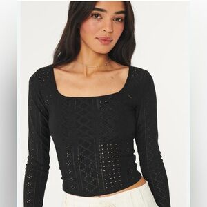 Women’s Hollister Long Sleeve Eyelet Square Neck Top Black Size Medium‎ Y2K